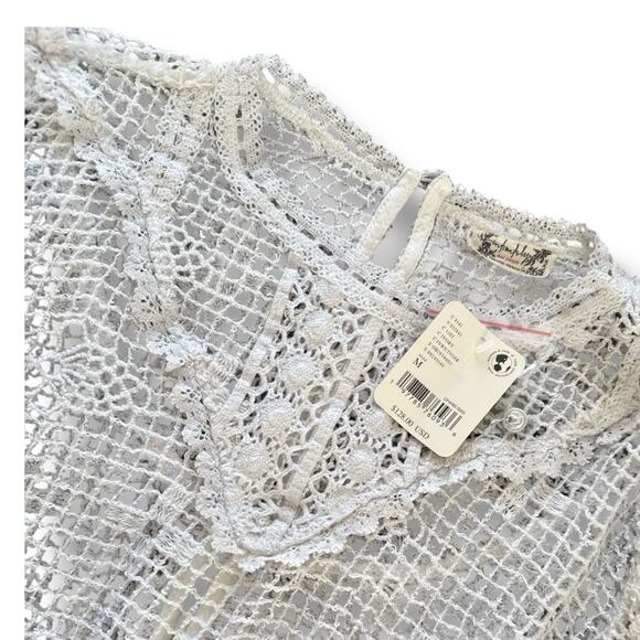 Free People Intimately 70’s Style Crochet Long Sleeve White Bodysuit M - Picture 3 of 5